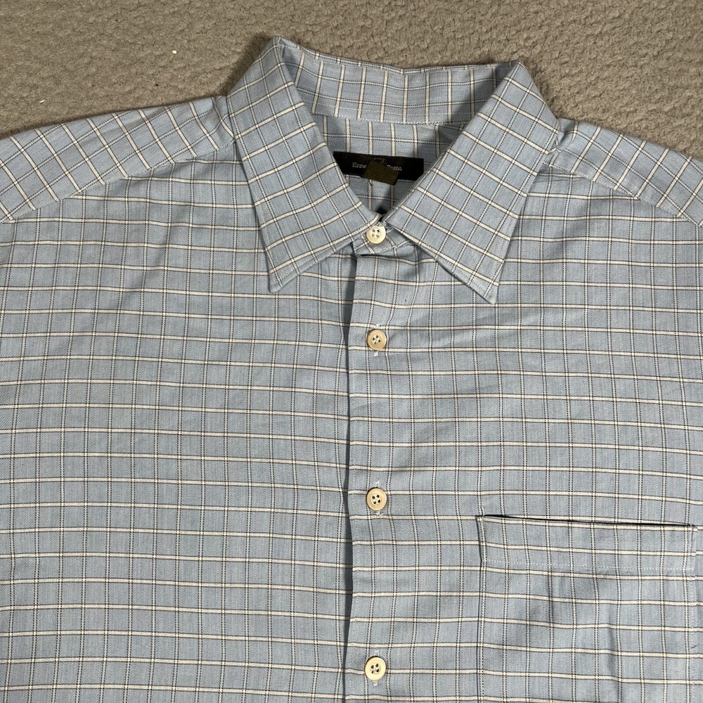 Ermenegildo Zegna Shirt Mens XL Blue Windowpane Lounge Button Up Pocket‎ Italy